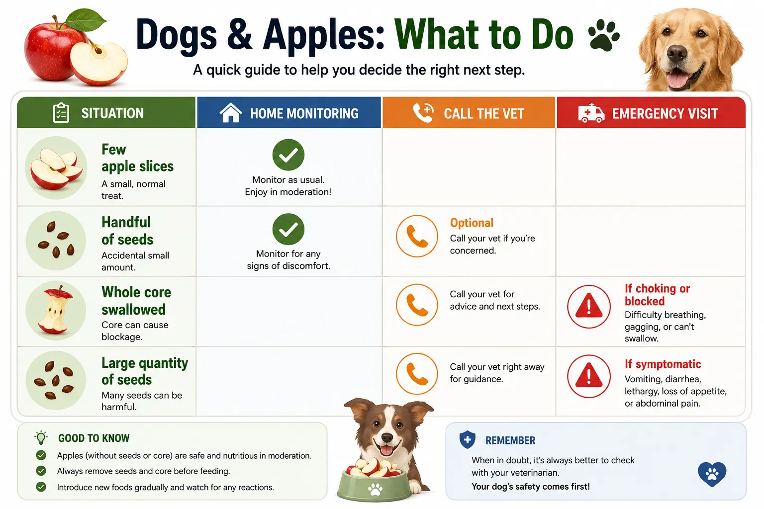 Can dogs eat apples? A dog apple safety guide showing safe apple slices, risks from apple seeds and cores, symptoms to monitor, and when to call a veterinarian or seek emergency care.