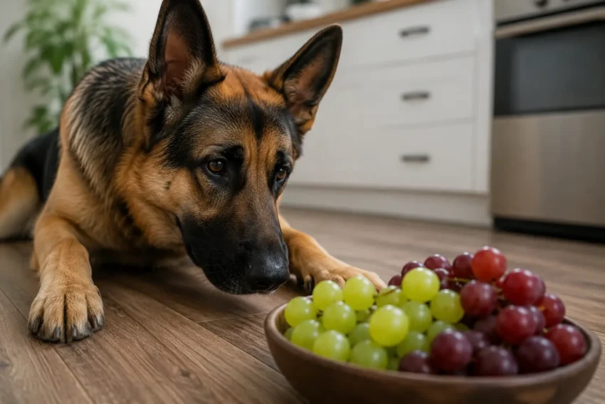 Dog looking at a grape held by a hand, highlighting the risk of grapes for dogs