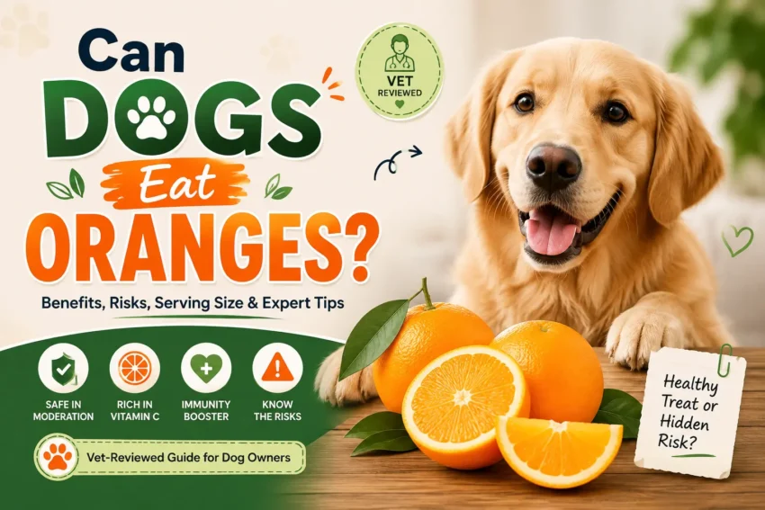 Golden Retriever looking at fresh orange slices on a wooden table.
