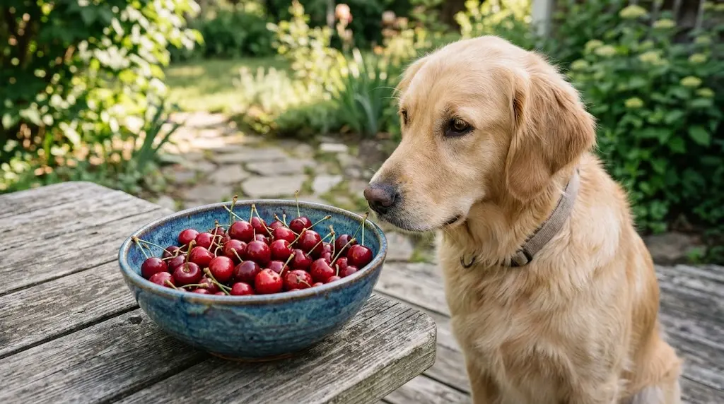 Dog looking at a bowl of fresh cherries"