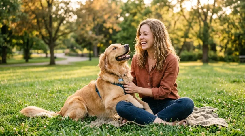 Happy dog owner playing with golden retriever in park