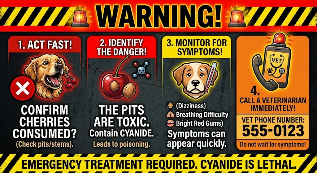 What to do if your dog eats cherries" urgency-style graphic with vet phone icon