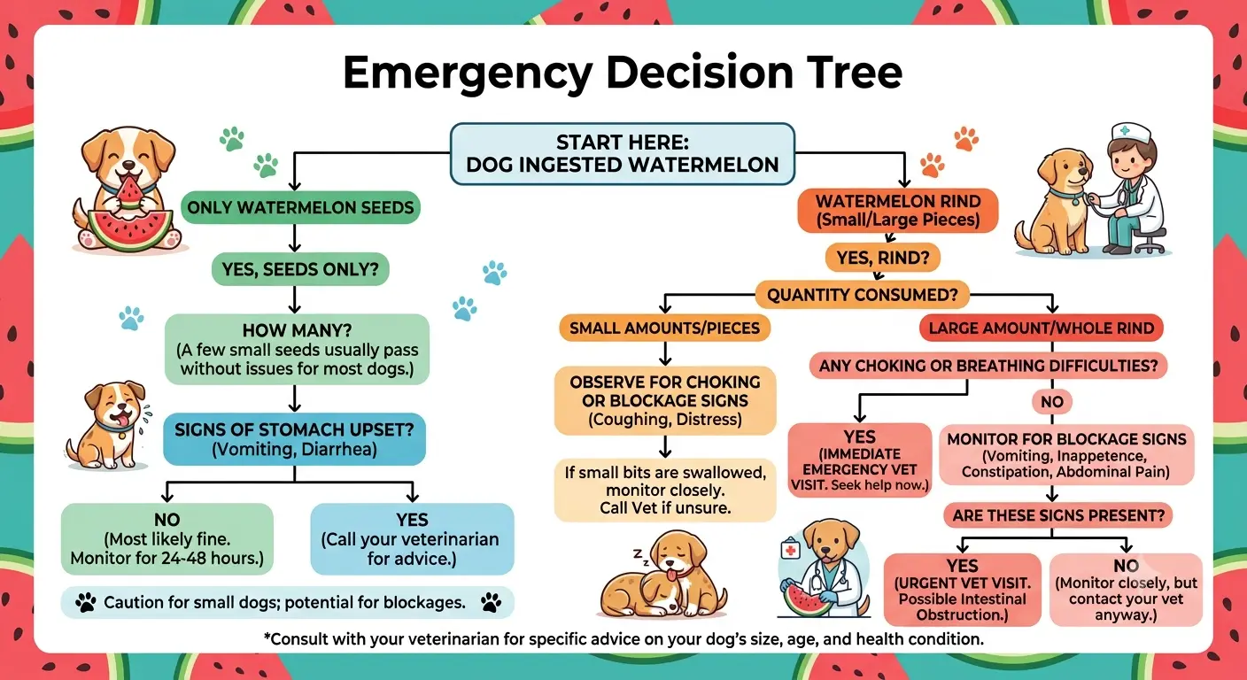 Emergency decision tree flowchart showing steps to take if a dog eats watermelon seeds or green rind, detailing symptoms of intestinal blockage and when to see a vet.
