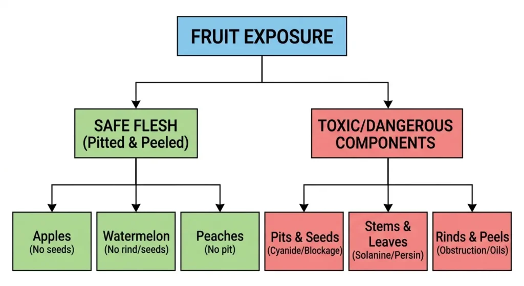 Flowchart comparing safe fruit flesh with potentially toxic or dangerous fruit parts. Safe flesh includes peeled and pitted apples, rindless and seedless watermelon, and pitted peaches. Dangerous components include pits and seeds due to cyanide or blockage, stems and leaves due to solanine or persin, and rinds and peels due to obstruction or oils.