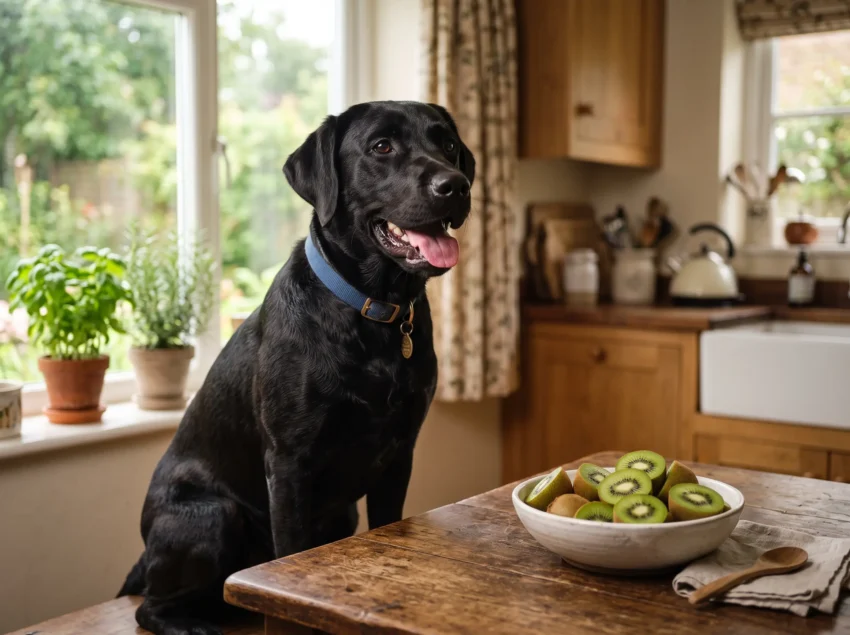 Black Labrador dog sitting beside a bowl of sliced kiwi, illustrating safe kiwi portions for dogs