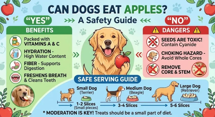 Can dogs eat apples? Infographic showing apple benefits for dogs, safe apple slices, apple seed and core dangers, and serving guidance.