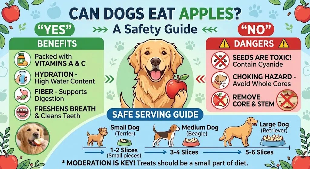 Can dogs eat apples? Infographic showing apple benefits for dogs, safe apple slices, apple seed and core dangers, and serving guidance.