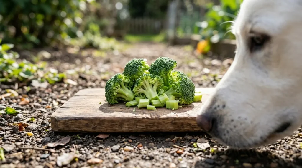Dog sniffing broccoli florets and stalk on a cutting board
