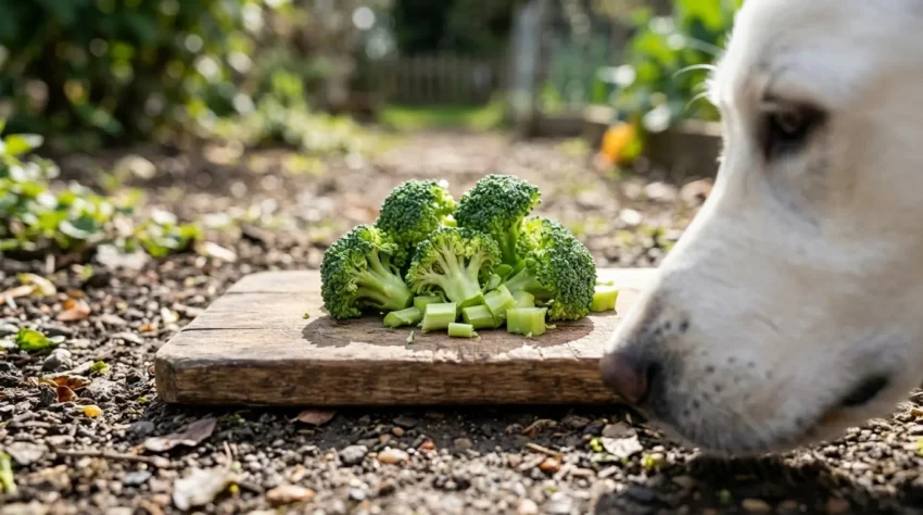 Dog sniffing broccoli florets and stalk on a cutting board