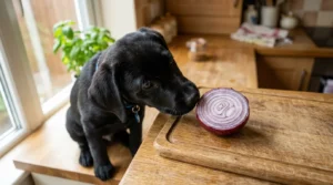 Dog avoiding a cut onion on a kitchen counter