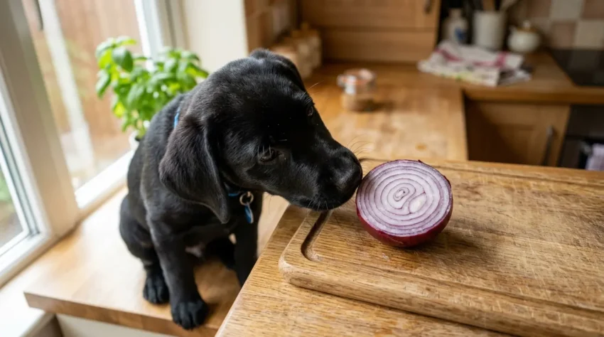 Dog avoiding a cut onion on a kitchen counter