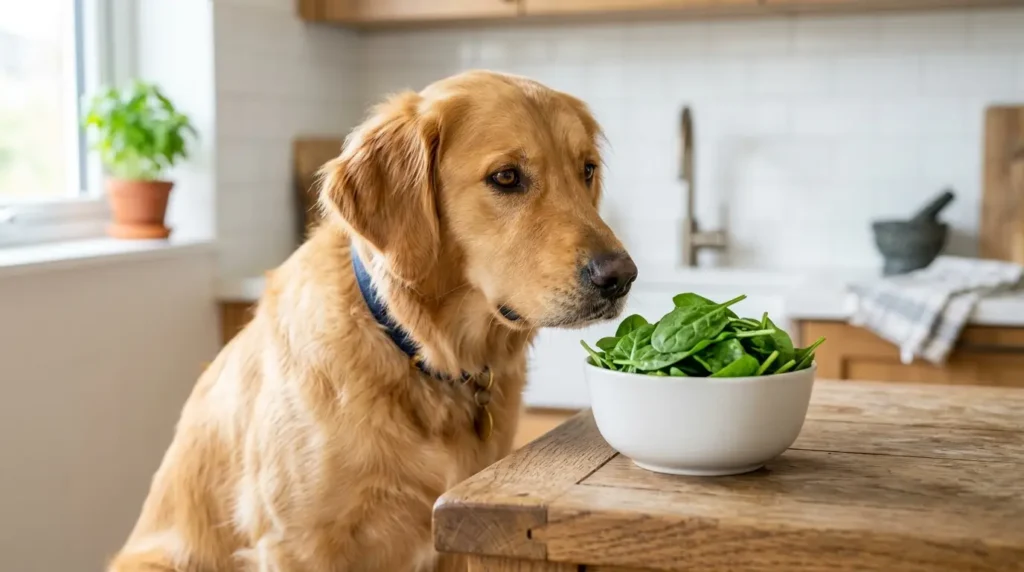Dog beside a bowl of fresh spinach leaves