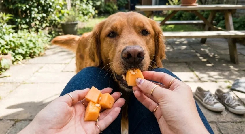 Golden Retriever eating bite-sized pieces of cantaloupe as a treat