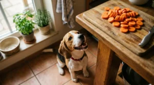 Beagle puppy looking up at sliced carrots on kitchen cutting board