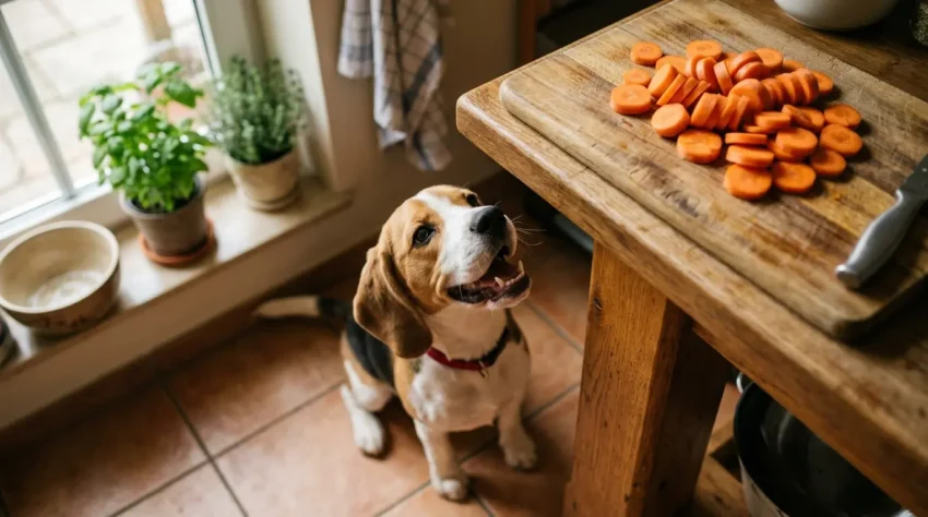 Beagle puppy looking up at sliced carrots on kitchen cutting board