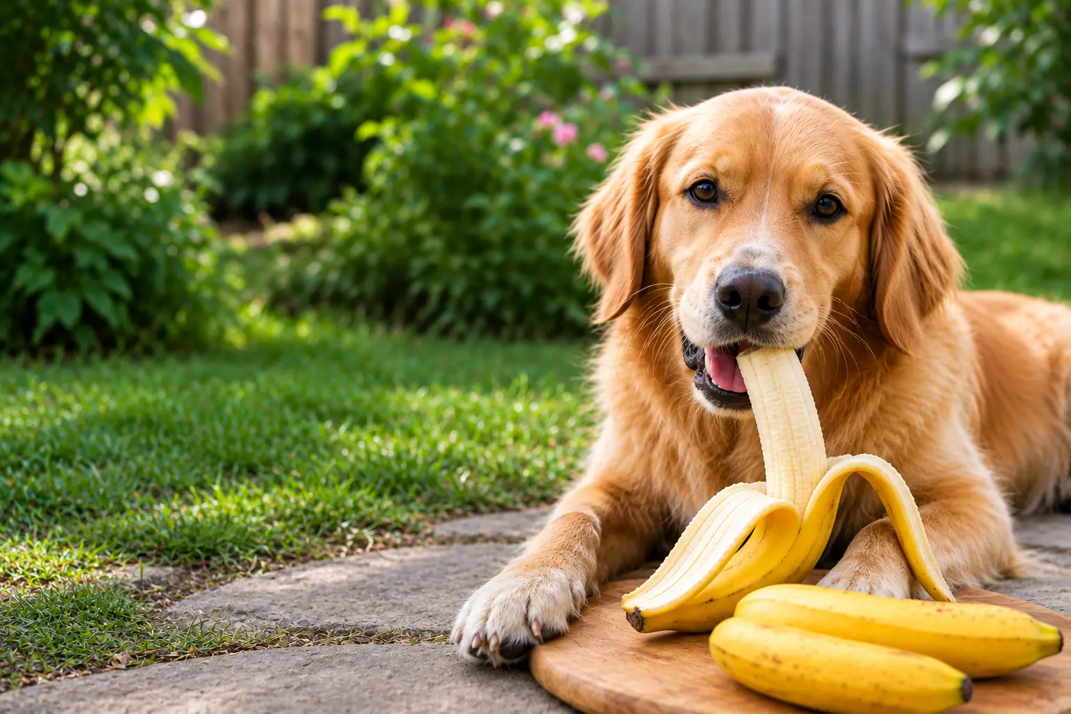 Golden retriever eating a peeled banana as an occasional treat