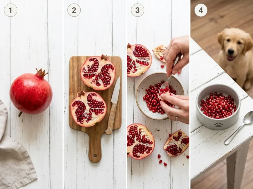 Beagle sitting beside a bowl of pomegranate seeds, illustrating what dog owners should know before feeding pomegranate