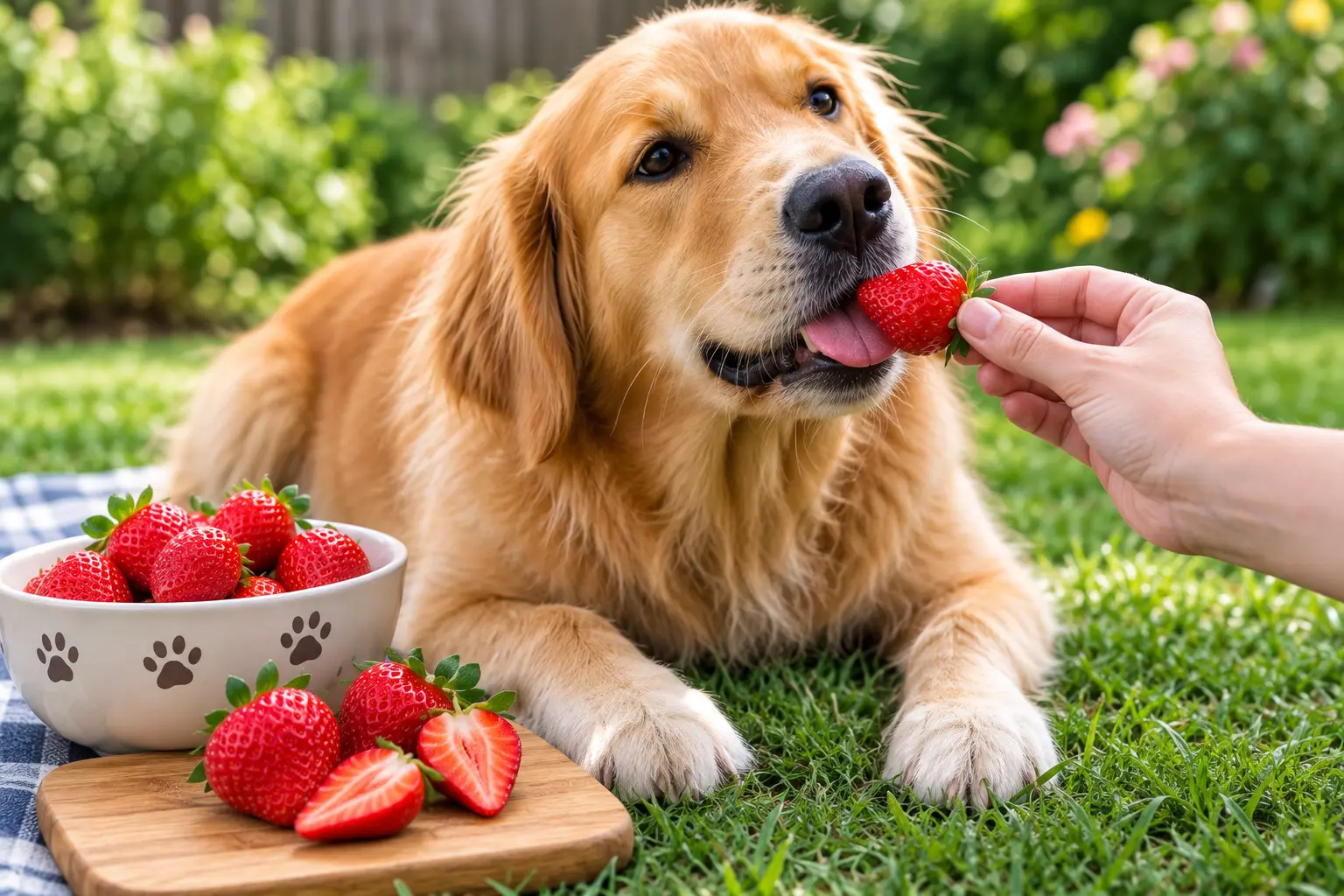 Golden retriever eating a fresh strawberry as an occasional treat