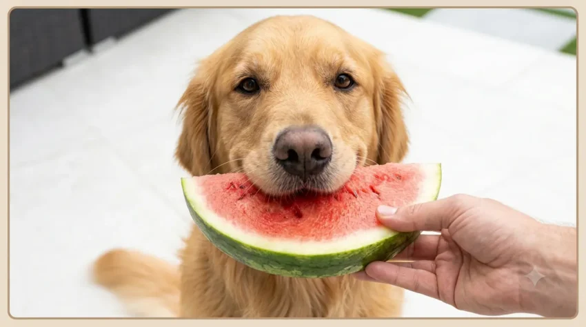 Golden Retriever eating a slice of watermelon as an occasional fruit treat