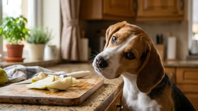 Curious dog looking at fresh pear slices on a cutting board