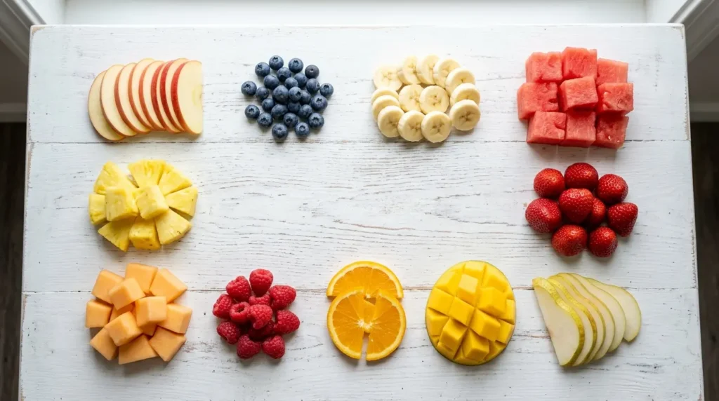 Current image: Dog-safe fruits arranged on table - apple, banana, blueberries, watermelon, strawberries