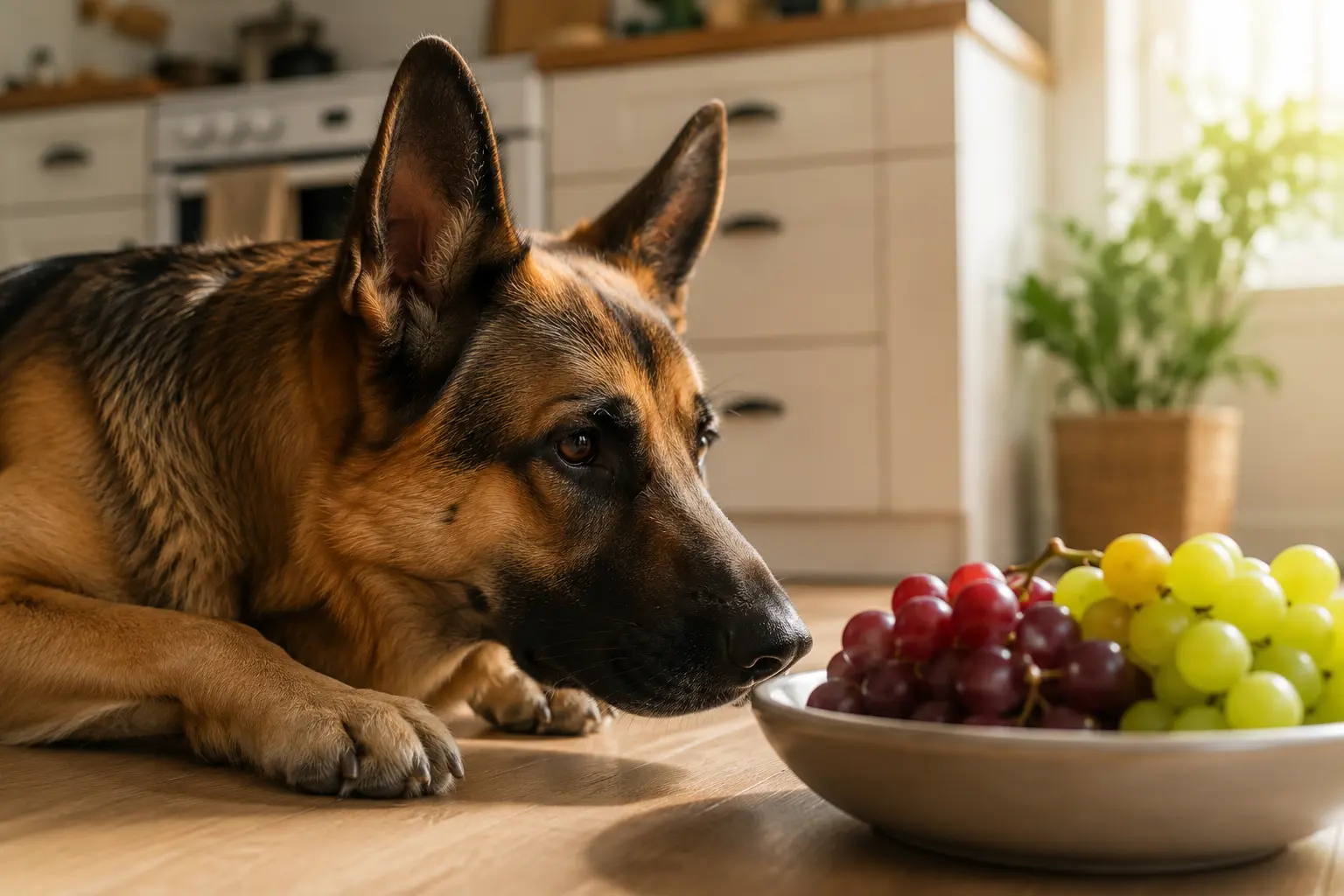 German Shepherd looking at a bowl of grapes, highlighting grape toxicity in dogs