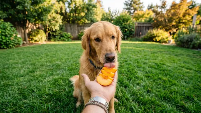 Golden Retriever eating fresh peach slices outdoors from owner's hand