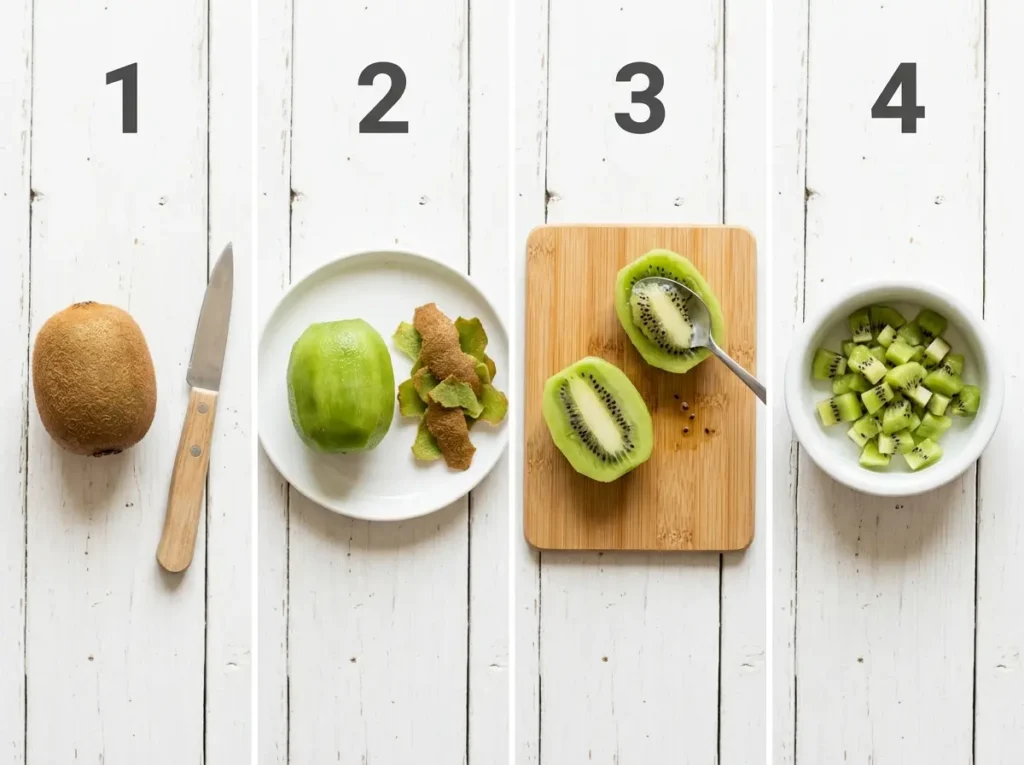 Step-by-step guide showing how to peel, cut and dice kiwi safely for dogs