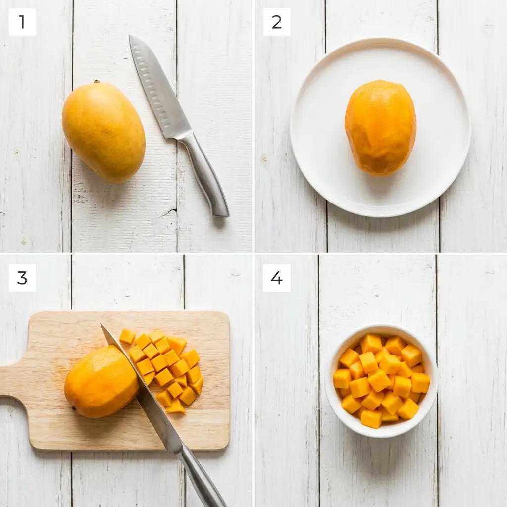 Step-by-step guide showing how to wash, peel, pit and cube mango safely for dogs