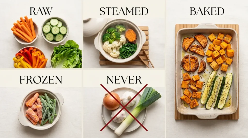 Steps to safely prepare vegetables for dogs - wash, peel, cut, serve plain