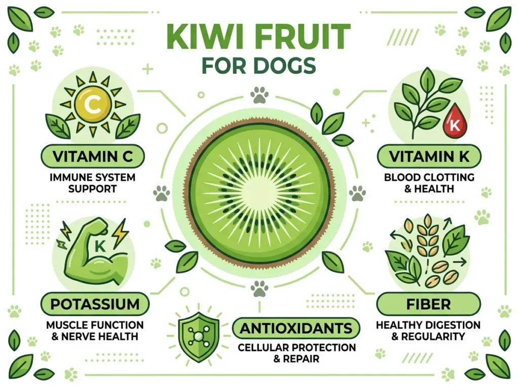 Infographic showing kiwi fruit nutrients for dogs including Vitamin C, Vitamin K, fiber, potassium and antioxidants
