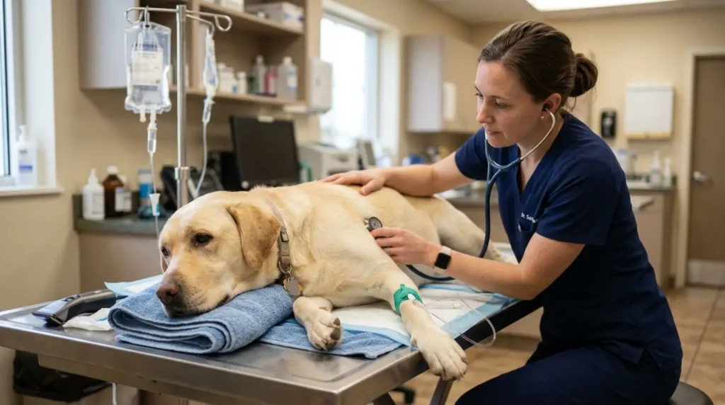 Labrador receiving veterinary treatment for onion and garlic poisoning