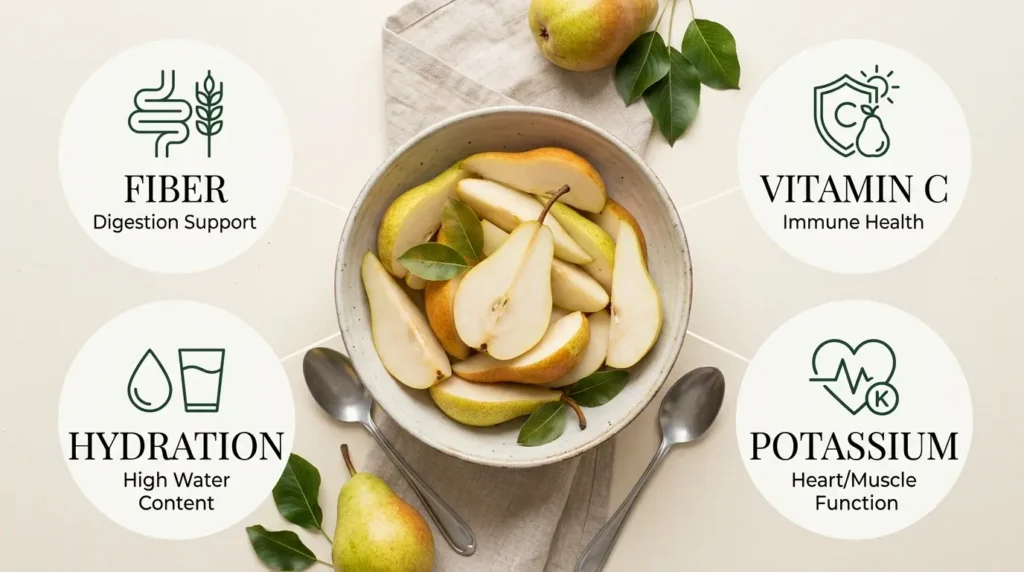 Pear nutrients infographic - fiber, vitamin C, potassium, hydration for dogs
