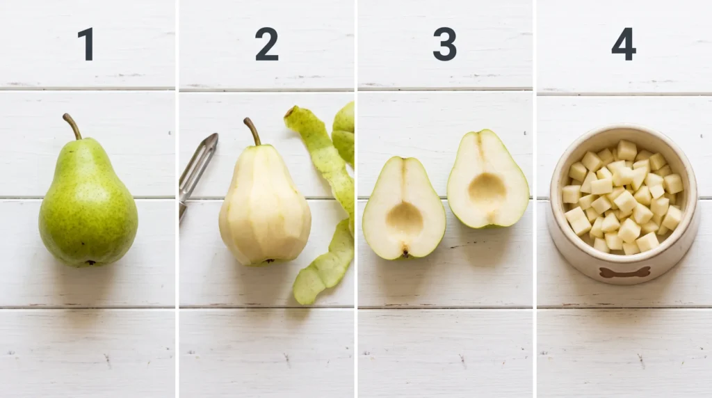 Step-by-step pear preparation for dogs - whole, peeled, cored, sliced