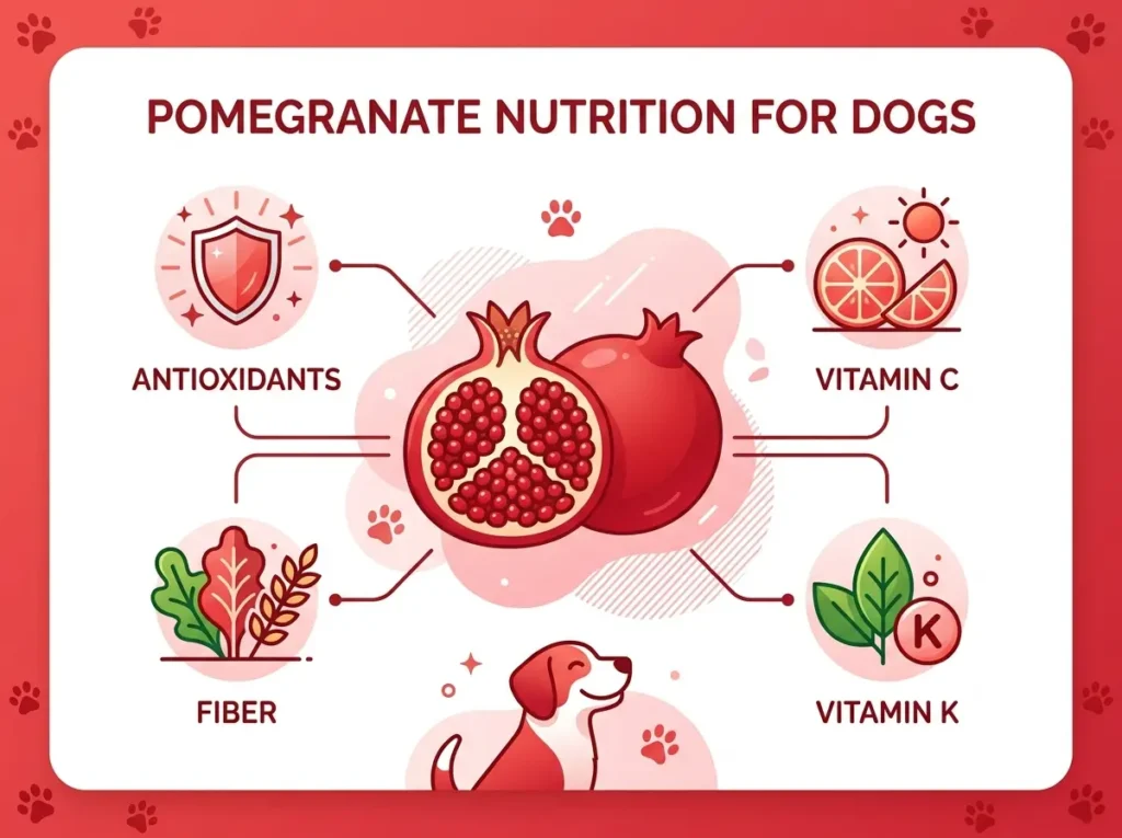 Infographic showing pomegranate nutrition for dogs including antioxidants, Vitamin C, fiber and Vitamin K