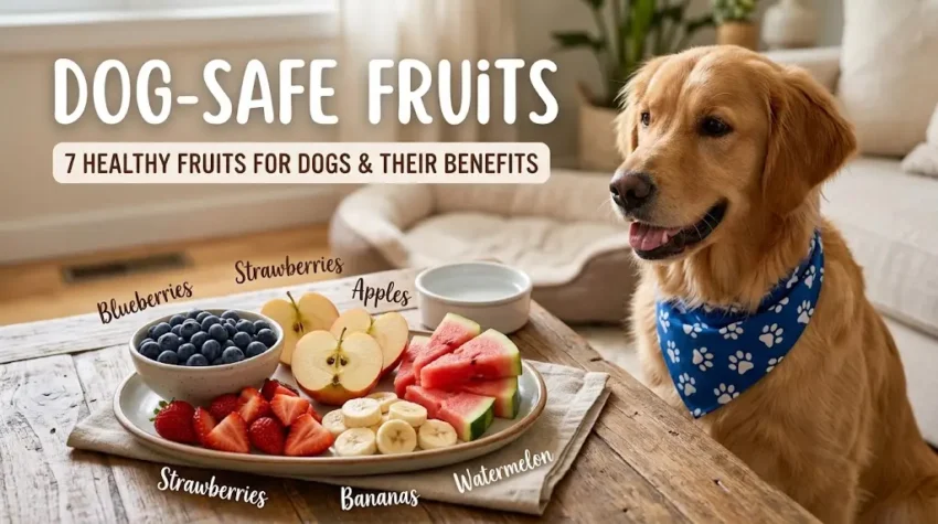 dog is setting around the table and enjoying the fruits.