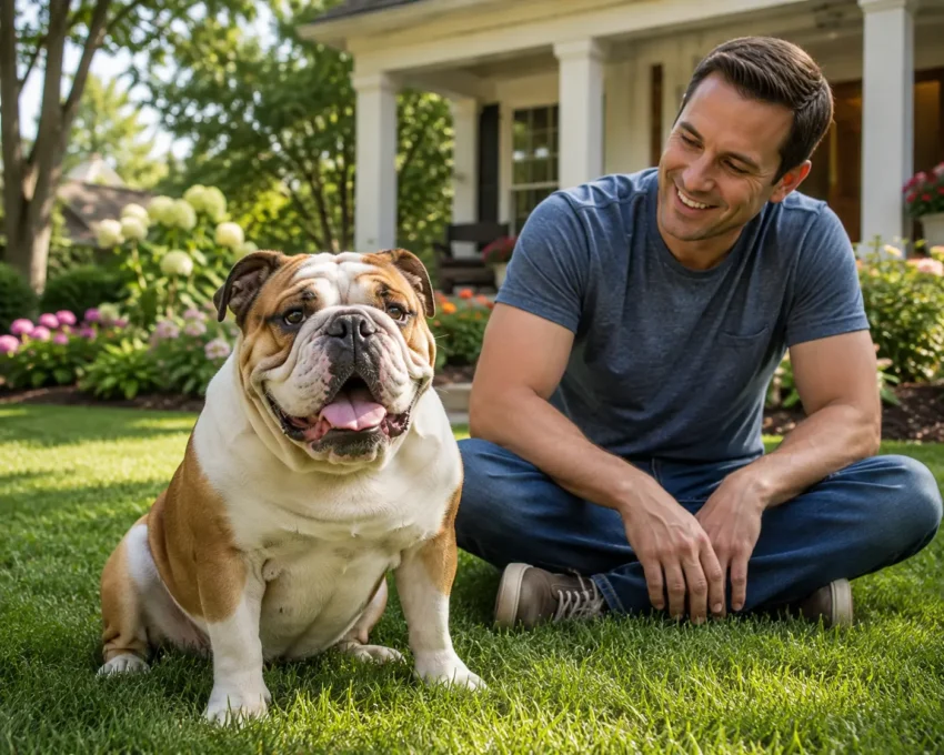 English bulldog sitting on a green lawn with its owner in a sunny home garden, representing a dog at risk of toxic fruit exposure and the need for awareness of symptoms, danger levels, and emergency care.
