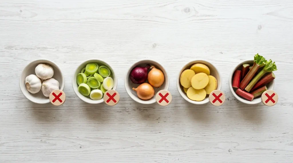 Toxic vegetables for dogs - garlic, leeks, onions, raw potatoes, rhubarb