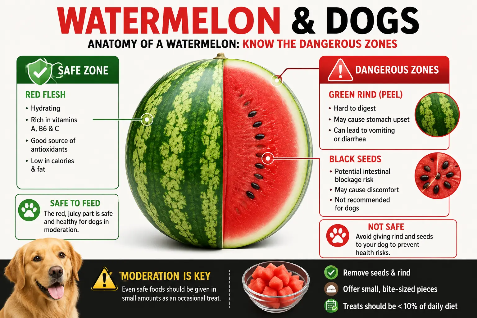 Watermelon showing the part dogs can eat and the rind and seeds to remove