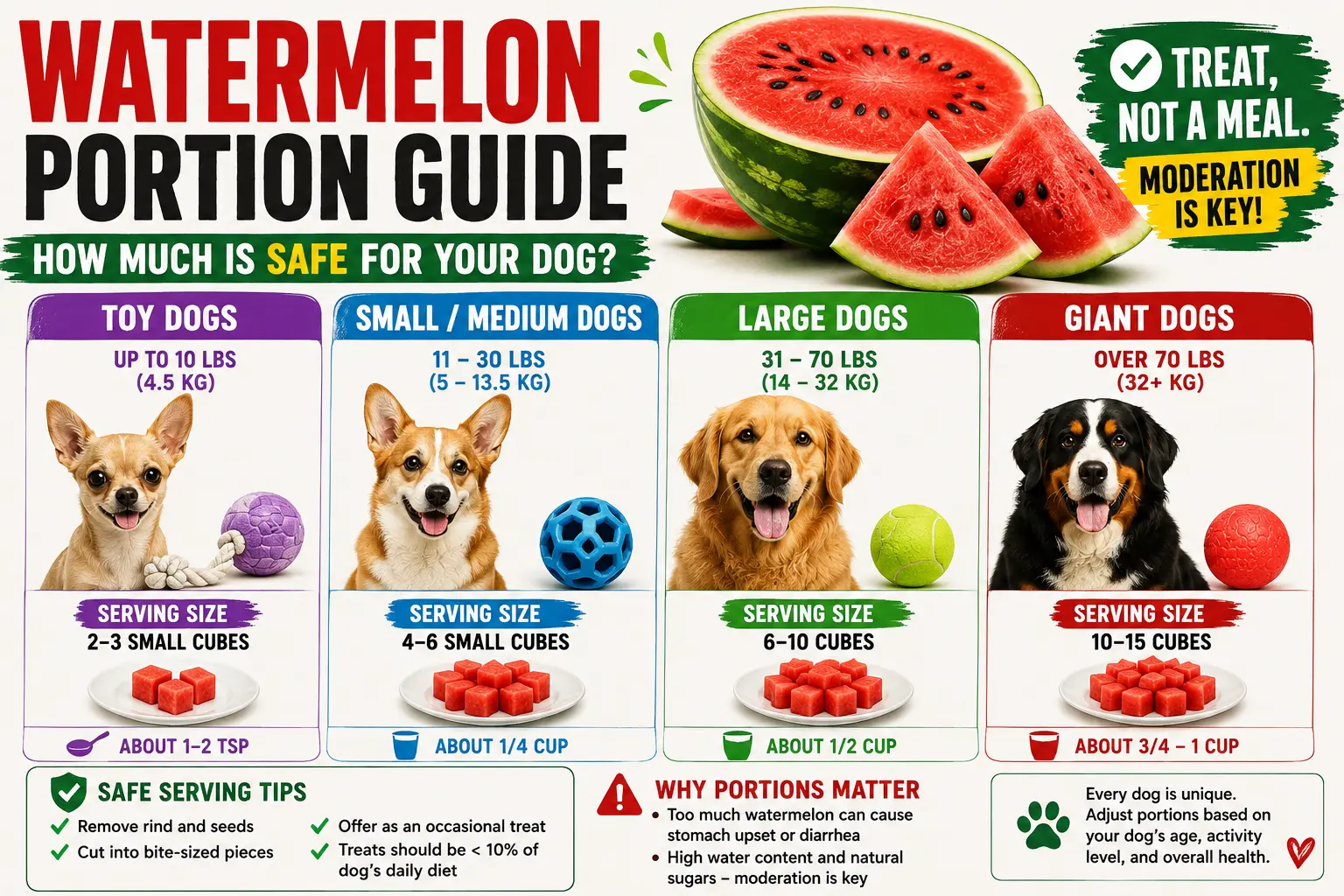 Watermelon serving guide showing portions for dogs of different sizes