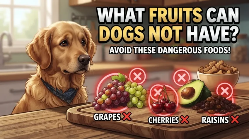 Golden retriever sitting at kitchen counter next to grapes, cherries, and raisins marked with red X symbols, warning "What Fruits Can Dogs Not Have"
