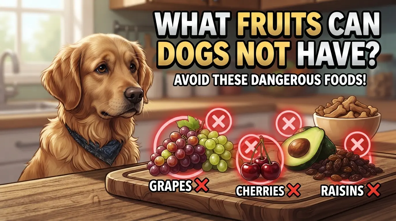 Golden retriever sitting at kitchen counter next to grapes, cherries, and raisins marked with red X symbols, warning "What Fruits Can Dogs Not Have"